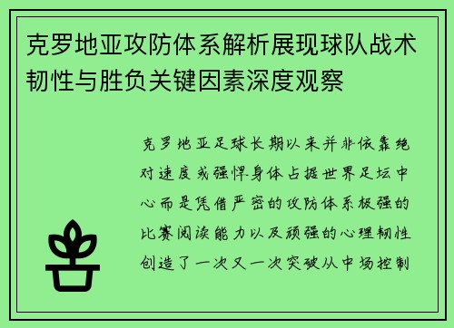 克罗地亚攻防体系解析展现球队战术韧性与胜负关键因素深度观察